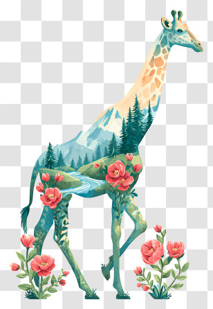 Nature Giraffe - Floral Landscape Giraffe Illustration Transparent PNG