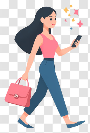 Cartoon Woman Holding Shopping Bags - Woman With Phone And Bag Transparent PNG
