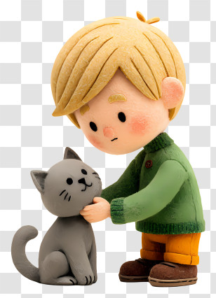 Boy Playing With Cat - Cartoon Boy Petting A Cat Transparent PNG