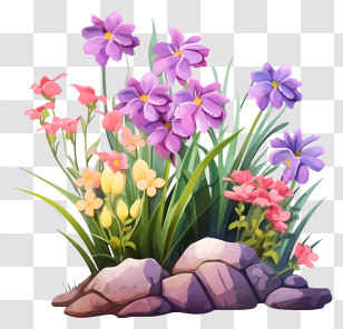 Small Garden - Floral Illustration With Purple, Yellow, And Pink Flowers On Rocks Transparent PNG