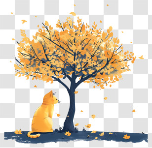 Cat Under Tree - Cat And Golden Autumn Tree Illustration Transparent PNG