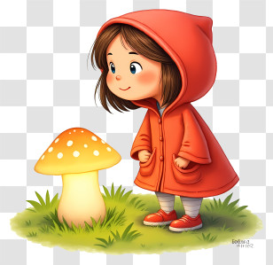 Dreamy Cartoon Girl - Little Girl In Red Hood With Mushroom Transparent PNG