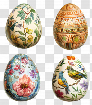 Easter Eggs - Decorated Easter Eggs With Floral And Bird Designs Transparent PNG