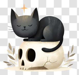 Black Cat On Human Skull - Cute Black Cat On Skull Transparent PNG