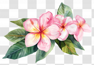 Watercolor Flowers - Pink Plumeria Flowers With Green Leaves Transparent PNG
