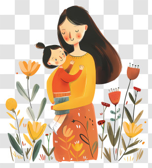 Mom - Mother And Child With Floral Background Transparent PNG