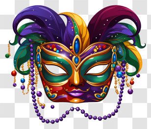 Carnival Mask - Vibrant Mardi Gras Mask With Feathers And Beads Transparent PNG