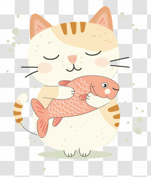 Cat Holding Fish - Cute Cat Hugging Fish Illustration Transparent PNG