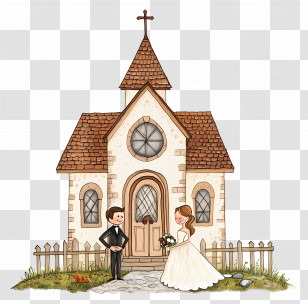 Wedding Church - Cartoon Church With Bride And Groom Transparent PNG