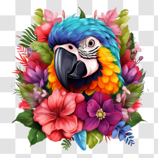 Parrot - Colorful Macaw With Tropical Flowers Transparent PNG