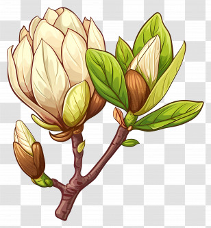Magnolia Bud - Magnolia Branch With Flowers In Cartoon Style Transparent PNG