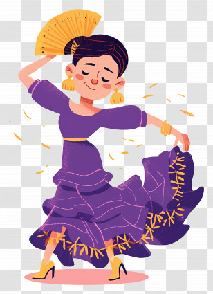 Flamenco Dancing - Dancing Woman In Purple Dress With Fan Transparent PNG