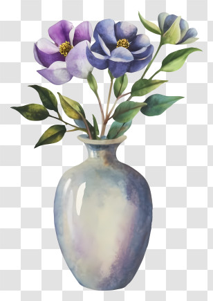 Cartoon - Vase With Blue And Purple Flowers In Watercolor Style Transparent PNG