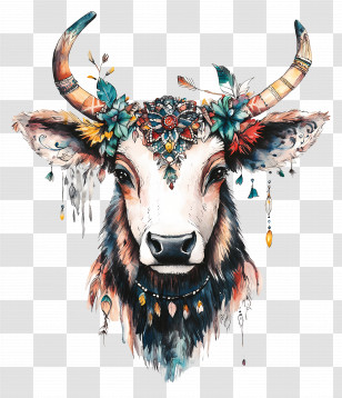 Boho - Artistic Decorated Cow With Flowers Transparent PNG