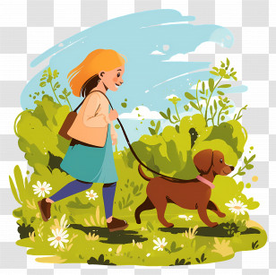 Woman Walking Dog - Girl Walking Her Dog On A Sunny Day In Nature Transparent PNG