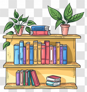 Shelf Furniture - Bookshelf With Books And Decorative Plants Transparent PNG