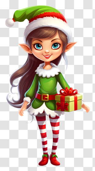 Cute Elf - Festive Cartoon Christmas Elf Holding A Gift Transparent PNG