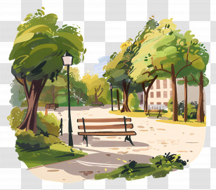 Town Park - Park With Benches And Trees Illustration Transparent PNG