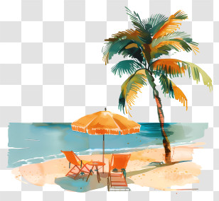 Summer Vacation - Tropical Beach Scene With Palm Tree And Umbrella Transparent PNG