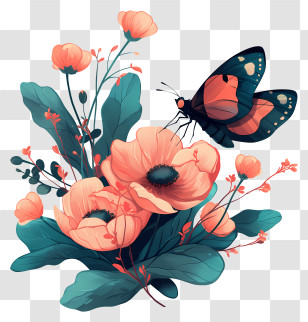 Spring Flower Corner - Butterfly On Peach Flowers Transparent PNG