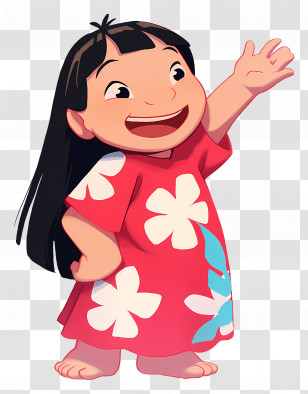 Cartoon Lilo - Smiling Cartoon Girl Waving In A Floral Dress Transparent PNG
