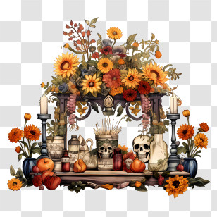 Ofrenda - Decorative Altar With Flowers And Skulls For Day Of The Dead Transparent PNG