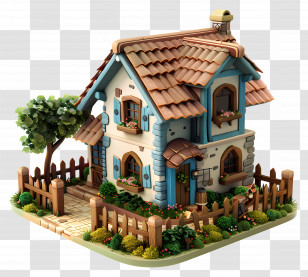 3d House - Charming Small House With Garden And Blue Accents Transparent PNG