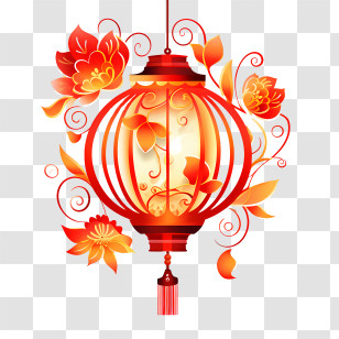 Chinese Lantern - Red Lantern With Festive Floral Decorations Transparent PNG