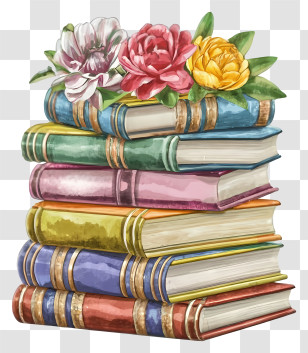 Cartoon - Colorful Book Stack With Floral Design Transparent PNG