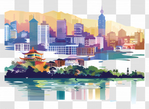 Guwahati City Skyline - Urban Watercolor Landscape With City Reflections Transparent PNG