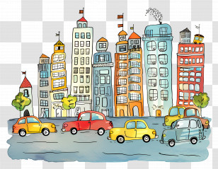 Cars In The City - Whimsical Doodle Cityscape With Cars And Trees Transparent PNG
