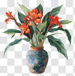 Canna Indica Flowers - Orange Lilies In Artistic Blue Vase Decor Transparent PNG