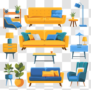 Living Room Furniture - Modern Living Room Furniture Set In Yellow And Blue Transparent PNG