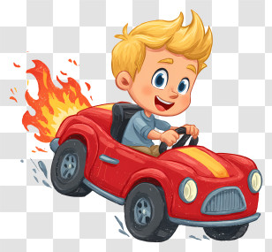 Boy Driving Toy Car - Blonde Boy Driving Red Car With Flames Transparent PNG