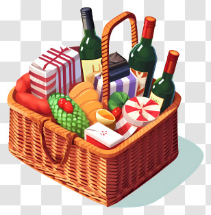 Wicker Basket - Colorful Picnic Basket With Food And Drinks Transparent PNG