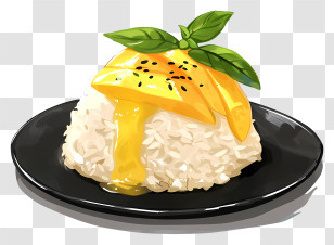 Khao Niao Mamuang - Mango Sticky Rice On A Black Plate Illustration Transparent PNG