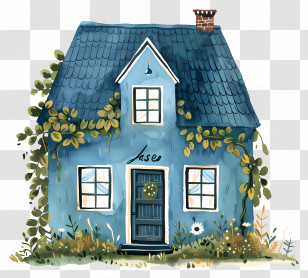 Blue House - Charming Small Blue House With Greenery Transparent PNG