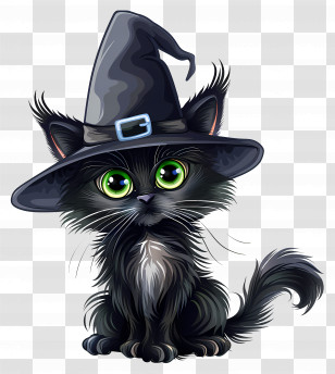 Halloween Cat - Black Cat Wearing Witch Hat Cartoon Transparent PNG