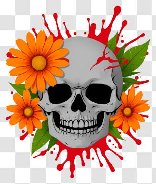 Halloween Skull Flowers - Skull With Flowers And Blood Splatter Transparent PNG