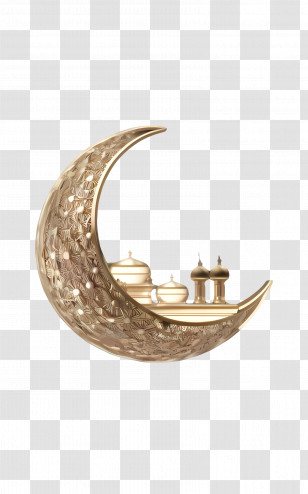 Eid Ul Adha - Golden Crescent Moon With Mosque Decoration For Eid Transparent PNG