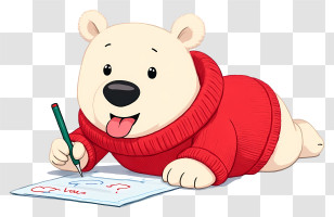 Cute Cartoon Polar Bear - Playful White Bear Writing In Red Sweater Transparent PNG