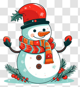Snowman - Cheerful Snowman With Red Hat And Festive Scarf Transparent PNG