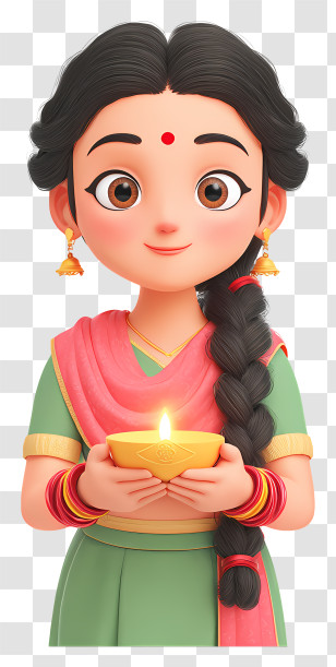 Happy Diwali - Indian Girl Holding Diya Transparent PNG