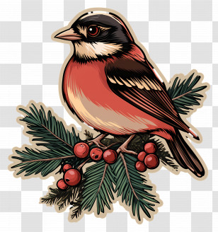 Christmas Bird - Bullfinch Perched On A Pine Branch With Berries Transparent PNG