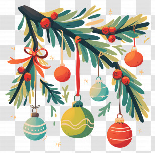 Christmas Balls On A Branch - Festive Christmas Ornaments Hanging On A Tree Branch Transparent PNG