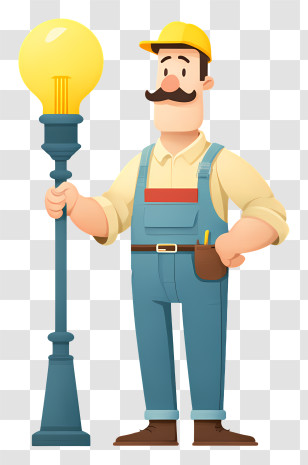 Electricity Worker Repairing Street Light - Cartoon Man Holding Light Bulb Transparent PNG