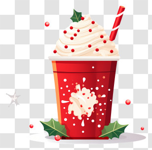 Red Cup - Festive Drink With Whipped Cream And Holly Transparent PNG