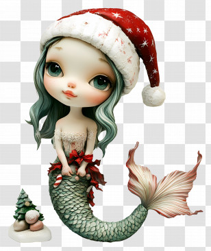 Christmas Mermaid - Cute Mermaid With Santa Hat Transparent PNG