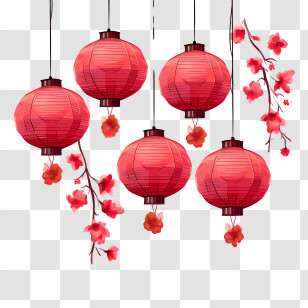 Chinese Lantern - Red Paper Lanterns With Cherry Blossoms Transparent PNG