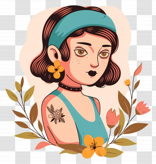 Retro Girl Tattoo - Artistic Girl With Flowers Transparent PNG